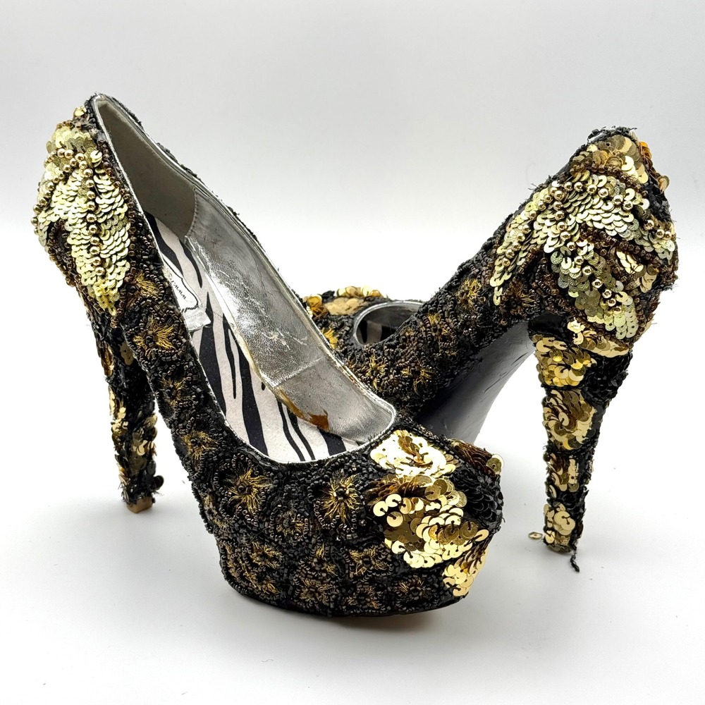 Ivanka Ska Sequin Beaded Platform Pumps Gold Black Zebra Print Heel 5.5 In 8/8.5